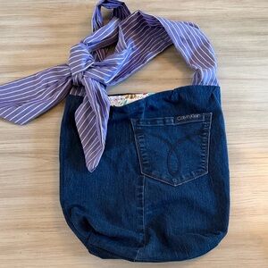 Handmade Calvin Klein Navy Denim Shoulder Bag with Lavender Stripe Tie Strap
